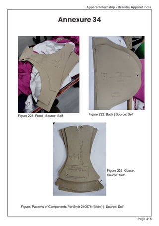 Apparel Internship - Brandix Apparel India.
Annexure 34
Figure: Patterns of Components For Style 240578 (Bikini) | Source: Self
Figure 221: Front | Source: Self Figure 222: Back | Source: Self
Figure 223: Gusset
Source: Self
Page 315
 