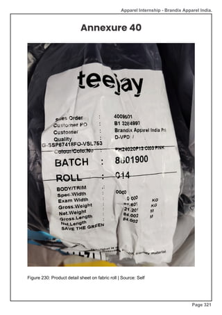 Apparel Internship - Brandix Apparel India.
Annexure 40
Figure 230: Product detail sheet on fabric roll | Source: Self
Page 321
 
