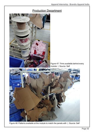 Production Department
Page 52
Figure 48: Patterns available at the module to match the panels with | Source: Self
Apparel Internship - Brandix Apparel India.
Figure 47: Trims available behind every
module | Source: Self
 
