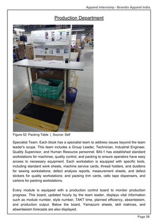 Production Department
Page 56
Figure 52: Packing Table | Source: Self
Apparel Internship - Brandix Apparel India.
Specialist Team: Each block has a specialist team to address issues beyond the team
leader's scope. This team includes a Group Leader, Technician, Industrial Engineer,
Quality Supervisor, and Human Resource personnel. BAI-1 has established standard
workstations for machines, quality control, and packing to ensure operators have easy
access to necessary equipment. Each workstation is equipped with specific tools,
including standard work sheets, machine service cards, thread holders, and dustbins
for sewing workstations; defect analysis reports, measurement sheets, and defect
stickers for quality workstations; and packing trim cards, cello tape dispensers, and
cartons for packing workstations.
Every module is equipped with a production control board to monitor production
progress. This board, updated hourly by the team leader, displays vital information
such as module number, style number, TAKT time, planned efficiency, absenteeism,
and production output. Below the board, Yamazumi sheets, skill matrices, and
absenteeism forecasts are also displayed.
 
