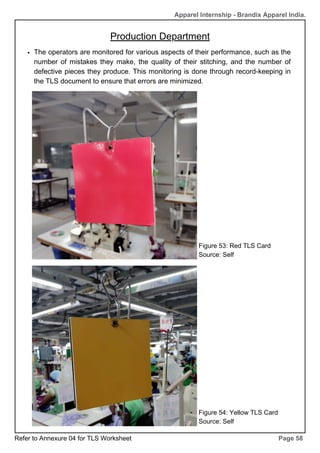 Production Department
Page 58
Apparel Internship - Brandix Apparel India.
The operators are monitored for various aspects of their performance, such as the
number of mistakes they make, the quality of their stitching, and the number of
defective pieces they produce. This monitoring is done through record-keeping in
the TLS document to ensure that errors are minimized.
Figure 53: Red TLS Card
Source: Self
Figure 54: Yellow TLS Card
Source: Self
Refer to Annexure 04 for TLS Worksheet
 