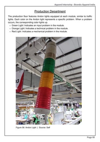 Production Department
Page 60
Apparel Internship - Brandix Apparel India.
The production floor features Andon lights equipped at each module, similar to traffic
lights. Each color on the Andon light represents a specific problem. When a problem
occurs, the corresponding color lights up.
Green Light: Indicates an input problem in the module.
Orange Light: Indicates a technical problem in the module.
Red Light: Indicates a mechanical problem in the module.
Figure 56: Andon Light | Source: Self
 