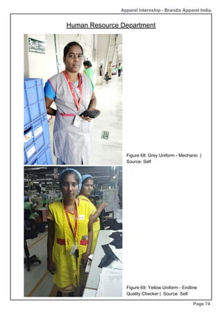 Apparel Internship - Brandix Apparel India.
Human Resource Department
Page 74
Figure 68: Grey Uniform - Mechanic |
Source: Self
Figure 69: Yellow Uniform - Endline
Quality Checker | Source: Self
 