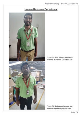 Apparel Internship - Brandix Apparel India.
Human Resource Department
Page 76
Figure 72: Grey sleeve hemline and
neckline - Recorder | Source: Self
Figure 73: Red sleeve hemline and
neckline - Operator | Source: Self
 