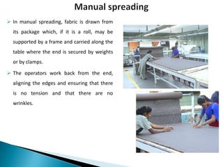  In manual spreading, fabric is drawn from
its package which, if it is a roll, may be
supported by a frame and carried along the
table where the end is secured by weights
or by clamps.
 The operators work back from the end,
aligning the edges and ensuring that there
is no tension and that there are no
wrinkles.

 