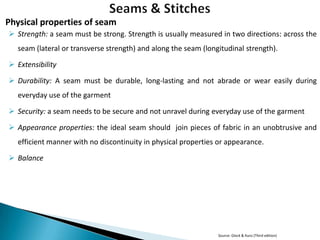Physical properties of seam
 Strength: a seam must be strong. Strength is usually measured in two directions: across the
seam (lateral or transverse strength) and along the seam (longitudinal strength).
 Extensibility
 Durability: A seam must be durable, long-lasting and not abrade or wear easily during
everyday use of the garment
 Security: a seam needs to be secure and not unravel during everyday use of the garment
 Appearance properties: the ideal seam should join pieces of fabric in an unobtrusive and

efficient manner with no discontinuity in physical properties or appearance.
 Balance

Source: Glock & Kunz (Third edition)

 