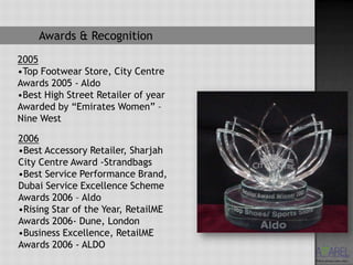 Awards & Recognition
2005
•Top Footwear Store, City Centre
Awards 2005 - Aldo
•Best High Street Retailer of year
Awarded by “Emirates Women” –
Nine West

2006
•Best Accessory Retailer, Sharjah
City Centre Award -Strandbags
•Best Service Performance Brand,
Dubai Service Excellence Scheme
Awards 2006 – Aldo
•Rising Star of the Year, RetailME
Awards 2006- Dune, London
•Business Excellence, RetailME
Awards 2006 - ALDO
 