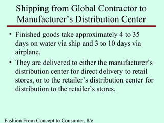 Fashion From Concept to Consumer, 8/e
Shipping from Global Contractor to
Manufacturer’s Distribution Center
• Finished goods take approximately 4 to 35
days on water via ship and 3 to 10 days via
airplane.
• They are delivered to either the manufacturer’s
distribution center for direct delivery to retail
stores, or to the retailer’s distribution center for
distribution to the retailer’s stores.
 
