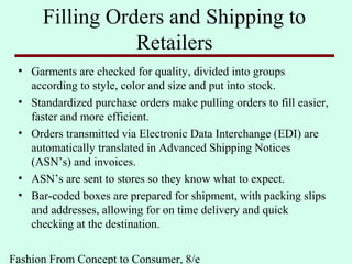 Fashion From Concept to Consumer, 8/e
Filling Orders and Shipping to
Retailers
• Garments are checked for quality, divided into groups
according to style, color and size and put into stock.
• Standardized purchase orders make pulling orders to fill easier,
faster and more efficient.
• Orders transmitted via Electronic Data Interchange (EDI) are
automatically translated in Advanced Shipping Notices
(ASN’s) and invoices.
• ASN’s are sent to stores so they know what to expect.
• Bar-coded boxes are prepared for shipment, with packing slips
and addresses, allowing for on time delivery and quick
checking at the destination.
 