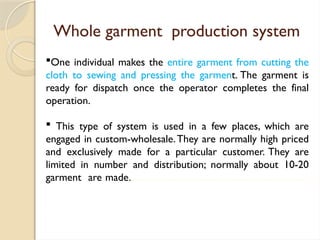 Whole garment production system
One individual makes the entire garment from cutting the
cloth to sewing and pressing the garment. The garment is
ready for dispatch once the operator completes the final
operation.
 This type of system is used in a few places, which are
engaged in custom-wholesale.They are normally high priced
and exclusively made for a particular customer. They are
limited in number and distribution; normally about 10-20
garment are made.…………………………………………...
 