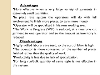 Advantages
More effective when a very large variety of garments in
extremely small quantities.
In piece rate system the operators will do with full
involvement:To finish more pieces, to earn more money.
Operator will be specialized in his own working area.
The Work in Progress (WIP) is reduced, at a time one cut
garment to one operator and so the amount as inventory is
reduced.
Disadvantages
Highly skilled laborers are used, so the cost of labor is high.
The operator is more concerned on the number of pieces
finished rather than the quality of work.
Productivity is less due to lack of specialization.
For long run/bulk quantity of same style is not effective in
this system.
 