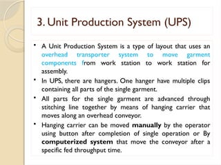 3. Unit Production System (UPS)
 A Unit Production System is a type of layout that uses an
overhead transporter system to move garment
components from work station to work station for
assembly.
 In UPS, there are hangers. One hanger have multiple clips
containing all parts of the single garment.
 All parts for the single garment are advanced through
stitching line together by means of hanging carrier that
moves along an overhead conveyor.
 Hanging carrier can be moved manually by the operator
using button after completion of single operation or By
computerized system that move the conveyor after a
specific fed throughput time.
 