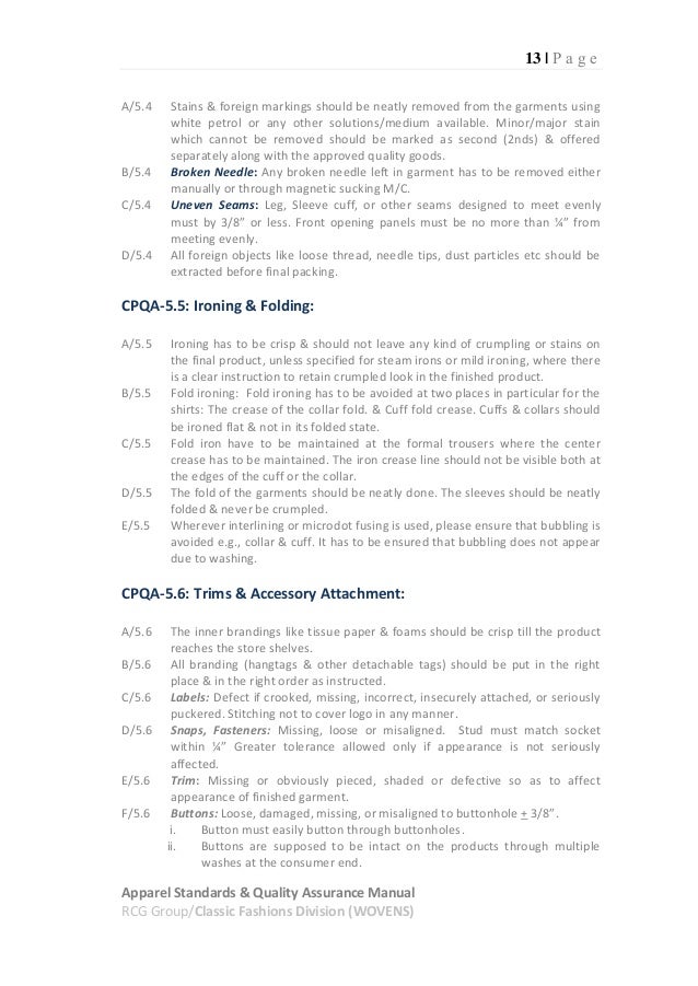 Apparel Standards & Quality Assurance / Wovens