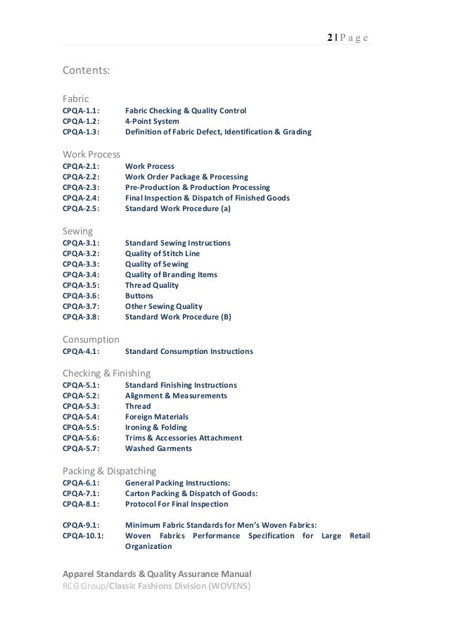 Apparel Standards & Quality Assurance / Wovens