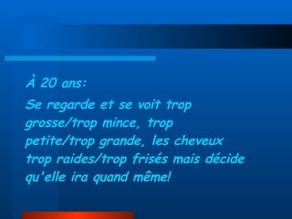 À 20 ans: Se regarde et se voit trop grosse/trop mince, trop petite/trop   grande, les cheveux trop raides/trop frisés mais décide qu'elle ira quand même! 