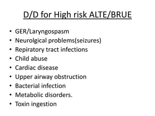 D/D for High risk ALTE/BRUE
• GER/Laryngospasm
• Neurolgical problems(seizures)
• Repiratory tract infections
• Child abuse
• Cardiac disease
• Upper airway obstruction
• Bacterial infection
• Metabolic disorders.
• Toxin ingestion
 