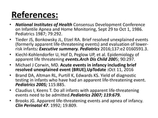 References:
• National Institutes of Health Consensus Development Conference
on Infantile Apnea and Home Monitoring, Sept 29 to Oct 1, 1986.
Pediatrics 1987; 79:292.
• Tieder JS, Bonkowsky JL, Etzel RA. Brief resolved unexplained events
(formerly apparent life-threatening events) and evaluation of lower-
risk infants: Executive summary. Pediatrics 2016;137:e2 0160591.3.
• Kiechl-Kohlendorfer U, Hof D, Peglow UP, et al. Epidemiology of
apparent life threatening events.Arch Dis Child 2005; 90:297.
• Michael J Corwin, MD. Acute events in infancy including brief
resolved unexplained event (BRUE),UpTodate :Oct 11, 2016
• Brand DA, Altman RL, Purtill K, Edwards KS. Yield of diagnostic
testing in infants who have had an apparent life-threatening event.
Pediatrics 2005; 115:885.
• Claudius I, Keens T. Do all infants with apparent life-threatening
events need to be admitted.Pediatrics 2007; 119:679.
• Brooks JG. Apparent life-threatening events and apnea of infancy.
Clin Perinatol 47. 1992; 19:809.
 