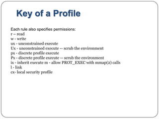 Key of a ProfileEach rule also specifies permissions: r – readw - write ux - unconstrained execute Ux - unconstrained execute -- scrub the environment px - discrete profile execute Px - discrete profile execute -- scrub the environment ix - inherit execute m - allow PROT_EXEC with mmap(2) calls l - link cx- local security profile