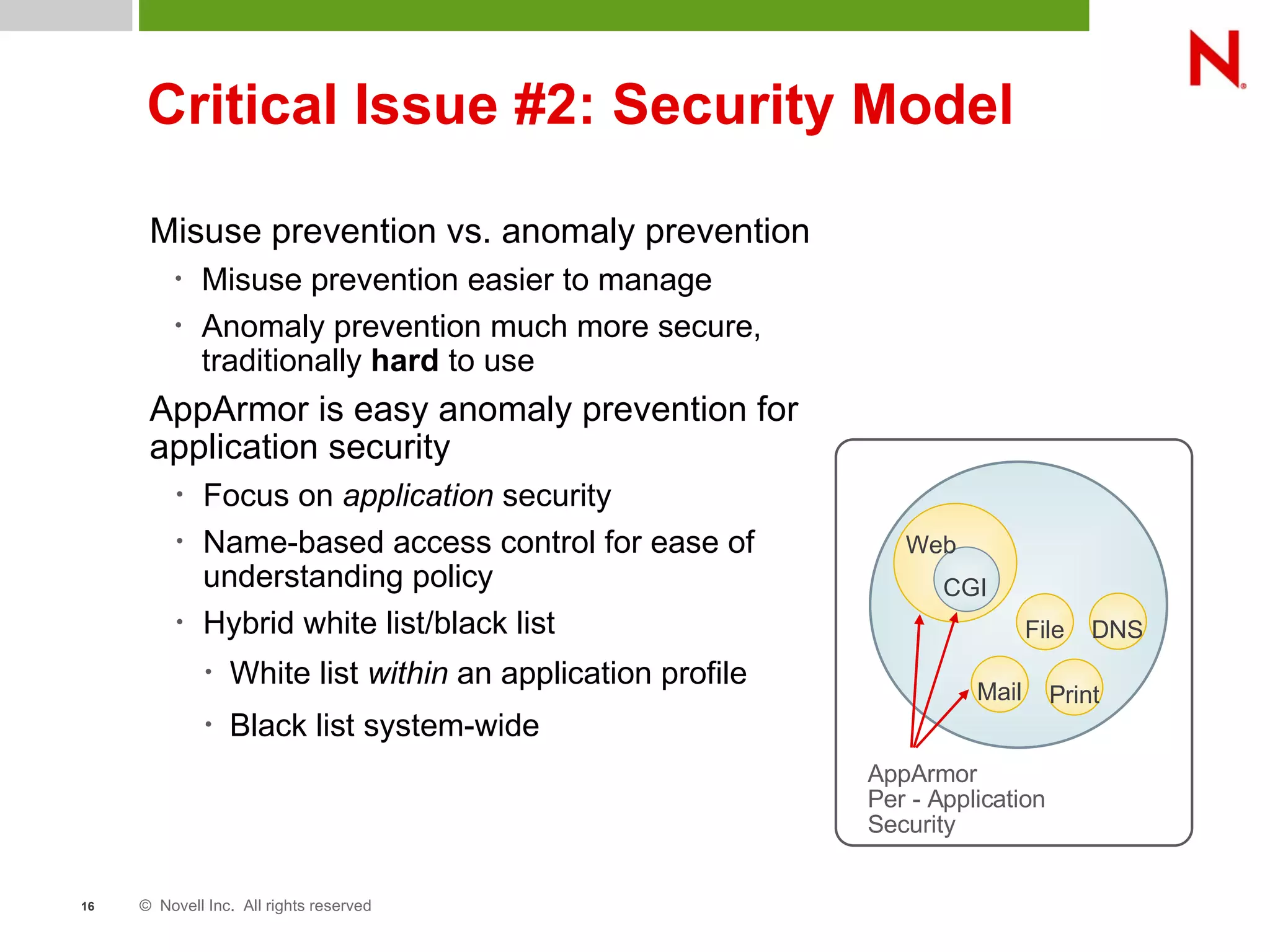 © Novell Inc. All rights reserved16
Critical Issue #2: Security Model
Misuse prevention vs. anomaly prevention
• Misuse prevention easier to manage
• Anomaly prevention much more secure,
traditionally hard to use
AppArmor is easy anomaly prevention for
application security
• Focus on application security
• Name-based access control for ease of
understanding policy
• Hybrid white list/black list
• White list within an application profile
• Black list system-wide
AppArmor
Per - Application
Security
DNS
Print
Web
CGI
Mail
File
 
