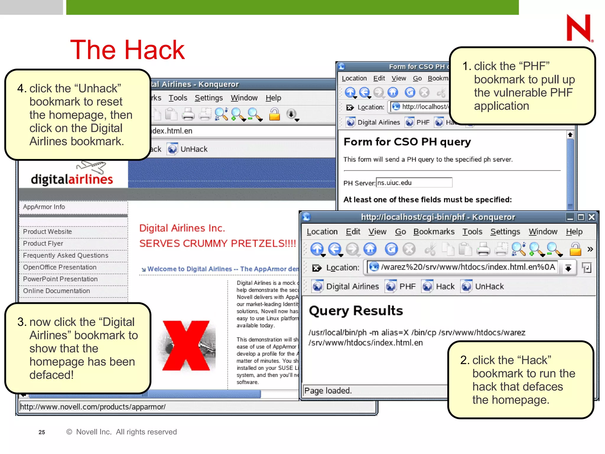 © Novell Inc. All rights reserved25
The Hack 1. click the “PHF”
bookmark to pull up
the vulnerable PHF
application
2. click the “Hack”
bookmark to run the
hack that defaces
the homepage.
3. now click the “Digital
Airlines” bookmark to
show that the
homepage has been
defaced!
4. click the “Unhack”
bookmark to reset
the homepage, then
click on the Digital
Airlines bookmark.
 