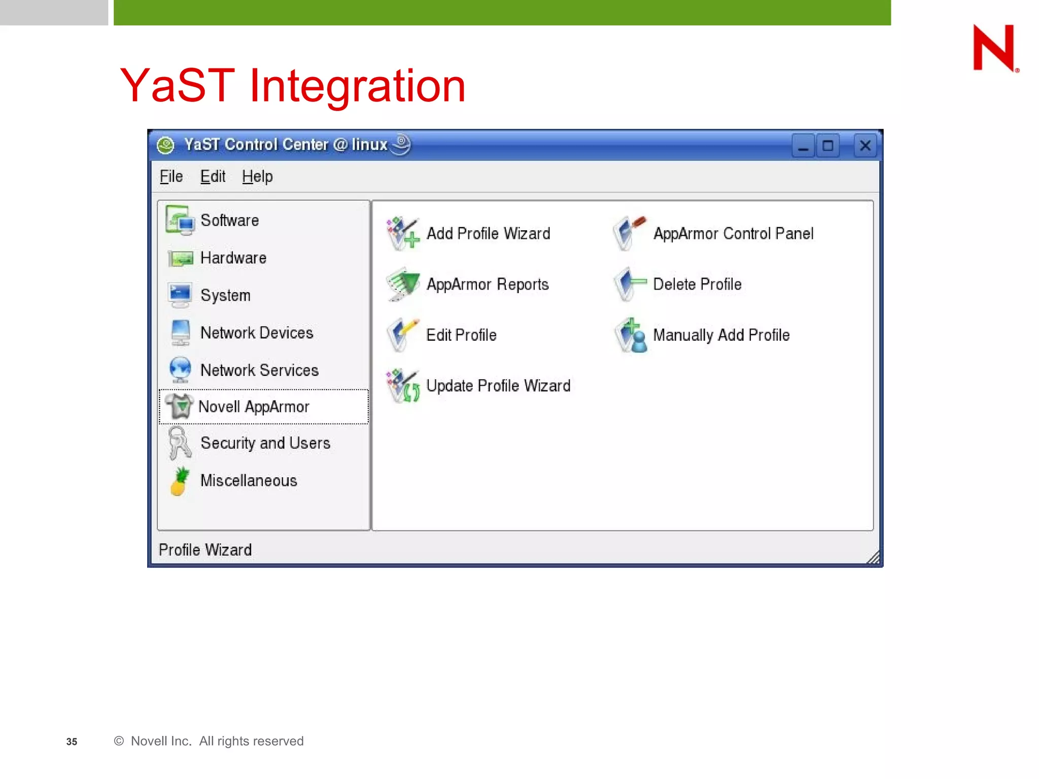 © Novell Inc. All rights reserved35
YaST Integration
 