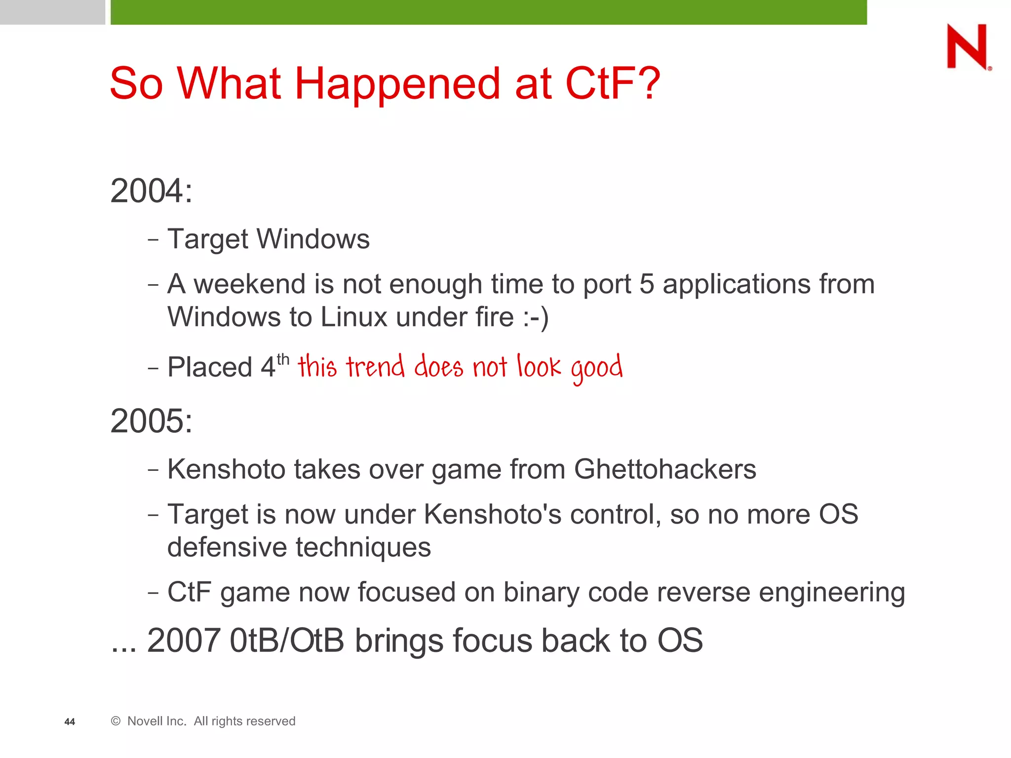 © Novell Inc. All rights reserved44
So What Happened at CtF?
2004:
– Target Windows
– A weekend is not enough time to port 5 applications from
Windows to Linux under fire :-)
– Placed 4th
this trend does not look good
2005:
– Kenshoto takes over game from Ghettohackers
– Target is now under Kenshoto's control, so no more OS
defensive techniques
– CtF game now focused on binary code reverse engineering
... 2007 0tB/OtB brings focus back to OS
 
