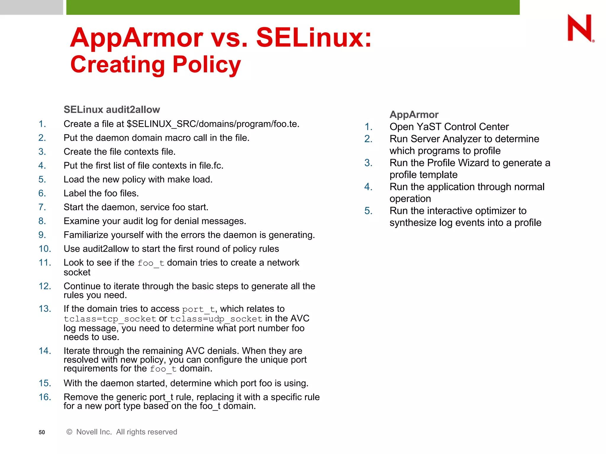 © Novell Inc. All rights reserved50
AppArmor vs. SELinux:
Creating Policy
SELinux audit2allow
1. Create a file at $SELINUX_SRC/domains/program/foo.te.
2. Put the daemon domain macro call in the file.
3. Create the file contexts file.
4. Put the first list of file contexts in file.fc.
5. Load the new policy with make load.
6. Label the foo files.
7. Start the daemon, service foo start.
8. Examine your audit log for denial messages.
9. Familiarize yourself with the errors the daemon is generating.
10. Use audit2allow to start the first round of policy rules
11. Look to see if the foo_t domain tries to create a network
socket
12. Continue to iterate through the basic steps to generate all the
rules you need.
13. If the domain tries to access port_t, which relates to
tclass=tcp_socket or tclass=udp_socket in the AVC
log message, you need to determine what port number foo
needs to use.
14. Iterate through the remaining AVC denials. When they are
resolved with new policy, you can configure the unique port
requirements for the foo_t domain.
15. With the daemon started, determine which port foo is using.
16. Remove the generic port_t rule, replacing it with a specific rule
for a new port type based on the foo_t domain.
AppArmor
1. Open YaST Control Center
2. Run Server Analyzer to determine
which programs to profile
3. Run the Profile Wizard to generate a
profile template
4. Run the application through normal
operation
5. Run the interactive optimizer to
synthesize log events into a profile
 