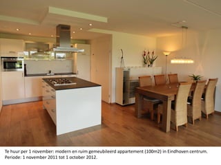 Te huur per 1 november: modern en ruim gemeubileerd appartement (100m2) in Eindhoven centrum.
Periode: 1 november 2011 tot 1 october 2012.
 