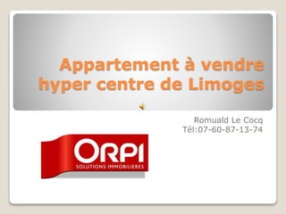 Appartement à vendre
hyper centre de Limoges
Romuald Le Cocq
Tél:07-60-87-13-74
 