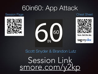 Cheat Sheet
60in60: App Attack
Session Link
smore.com/y2kp
Session Page
Scott Snyder & Brandon Lutz
 