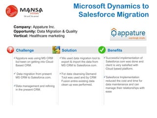 Microsoft Dynamics to Salesforce Migration Challenge Solution Benefits ? ,[object Object],[object Object],[object Object],[object Object],[object Object],Company:  Appature Inc. Opportunity:  Data Migration & Quality Vertical:  Healthcare marketing . ,[object Object],[object Object]