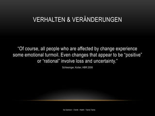 Kai Sostmann – Charité – iHealth – Twenty Twenty
VERHALTEN & VERÄNDERUNGEN
“Of course, all people who are affected by change experience
some emotional turmoil. Even changes that appear to be “positive”
or “rational” involve loss and uncertainty.”
Schlesinger, Kotter, HBR 2008
 