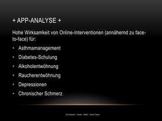 Kai Sostmann – Charité – iHealth – Twenty Twenty
+ APP-ANALYSE +
Hohe Wirksamkeit von Online-Interventionen (annähernd zu ...