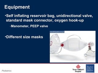 Equipment
•Self inflating reservoir bag, unidirectional valve,
standard mask connector, oxygen hook-up
‐ Manometer, PEEP valve

•Different size masks

Pediatrics

Page 21
xxx00.#####.ppt 11/14/13 09:29 PM

 