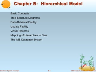 Chapter B: Hierarchical Model
Basic Concepts
Tree-Structure Diagrams
Data-Retrieval Facility
Update Facility
Virtual Records
Mapping of Hierarchies to Files
The IMS Database System

Database System Concepts

B.1

©Silberschatz, Korth and Sudarshan

 