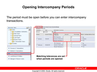 Copyright © 2008, Oracle. All rights reserved.
Opening Intercompany Periods
The period must be open before you can enter intercompany
transactions.
Matching tolerances are set
when periods are opened.
 