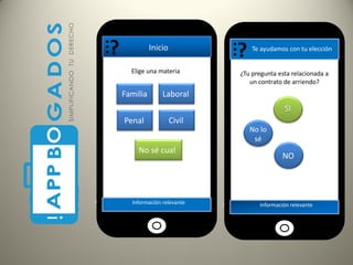 Llamadas y Chats
AtrásOmitir
Inicio
Familia Laboral
CivilPenal
No sé cual
…
Elige una materia
?
Información relevante
Llamadas y Chats
AtrásOmitir
Te ayudamos con tu elección
…
?
Información relevante
¿Tu pregunta esta relacionada a
un contrato de arriendo?
SI
NO
No lo
sé
 