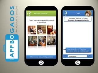 Llamadas y Chats
AtrásOmitir
…
?
Información relevante / publicidad
Llamadas y Chats
AtrásOmitir
CHAT
…
?Enviado solicitud
Espera mientras un abogado responde
a tu solicitud
Abogado Magister en Leyes
Francisco Benavides Logüercio
Hola mi nombre es Francisco,
cuéntame como te puedo ayudar
Hola necesi….
 