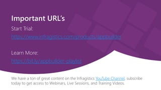1
Important URL’s
Start Trial:
https://www.infragistics.com/products/appbuilder
Learn More:
https://bit.ly/appbuilder-playlist
We have a ton of great content on the Infragistics YouTube Channel, subscribe
today to get access to Webinars, Live Sessions, and Training Videos.
 