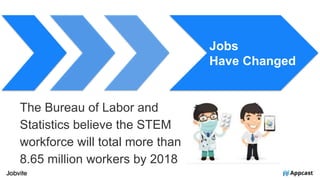 Jobs
Have Changed
The Bureau of Labor and
Statistics believe the STEM
workforce will total more than
8.65 million workers by 2018
 