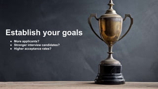 Establish your goals
● More applicants?
● Stronger interview candidates?
● Higher acceptance rates?
 