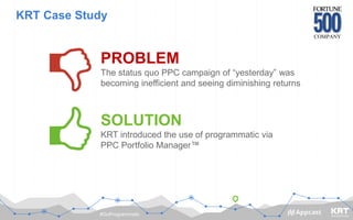 #GoProgrammatic
KRT Case Study
COMPANY
PROBLEM
The status quo PPC campaign of “yesterday” was
becoming inefficient and seeing diminishing returns
SOLUTION
KRT introduced the use of programmatic via
PPC Portfolio Manager™
 
