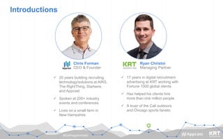 #GoProgrammatic
Introductions
 20 years building recruiting
technology/solutions at AIRS,
The RightThing, Startwire,
and Appcast
 Spoken at 200+ industry
events and conferences
 Lives on a small farm in
New Hampshire
Ryan Christoi
Managing Partner
Chris Forman
CEO & Founder
 17 years in digital recruitment
advertising at KRT working with
Fortune 1000 global clients
 Has helped his clients hire
more than one million people
 A lover of the Cali outdoors
and Chicago sports fanatic
 
