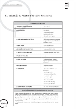 pág.44
Manual6
Modelos Genéricos de HACCP
4.1. DESCRIÇÃO DO PRODUTO E DO SEU USO PRETENDIDO
DESCRIÇÃO DO PRODUTO
1. DENOMINAÇÃO DO PRODUTO - Queijo Fresco
2. INGREDIENTES - Leite de Vaca
- Coalho líquido animal
- Sal (Cloreto de sódio)
- Cloreto de Cálcio líquido
3. CARACTERÍSTICAS DO PRODUTO - Queijo fresco, elaborado com leite de
vaca pasteurizado, comercializado em
embalagens de 60 g
4. EMBALAGEM - Copos de poliestereno
5. CONDIÇÕES DE ARMAZENAGEM - Refrigerado de 0ºC a 6ºC
6. CONDIÇÕES DE TRANSPORTE - Transporte refrigerado de 0ºC a 6ºC
7. PRAZO DE VALIDADE - 5 dias
8. LOCAL DE VENDA - Comércio retalhista, grandes e
pequenas superfícies comerciais e
restaurantes.
9. RECOMENDAÇÕES - Manter no frigorífico
10. ROTULAGEM - Queijo fresco de leite de vaca
pasteurizado
- Lista de ingredientes
- Valor nutricional do produto
- % de matéria gorda
- Consumir até: dd/mm
- Marca de salubridade
- Quantidade líquida (60g)
- Conservar entre 0º e 5ºC
11. CONDIÇÕES DE UTILIZAÇÃO - Cru ou em preparações culinárias
DESCRIÇÃO DO USO PRETENDIDO PARA O PRODUTO
- A ser consumido pelo público em geral, incluindo grupos vulneráveis como crianças, idosos,
enfermos e imuno-deficientes, excepto pessoas intolerantes à lactose. No entanto, sendo um produto
de alto risco recomenda-se que o consumo por pessoas de grupos vulneráveis se faça com
precaução (e.g.: não consumirem produto que tenha já menos de 3 dias de prazo de validade).
- Para consumo em cru, podendo ser incorporado em preparações culinárias diversas, como por
exemplo saladas.
- Possibilidade de consumo como cozinhado, incorporado noutros produtos, como por exemplo
bolos.
 