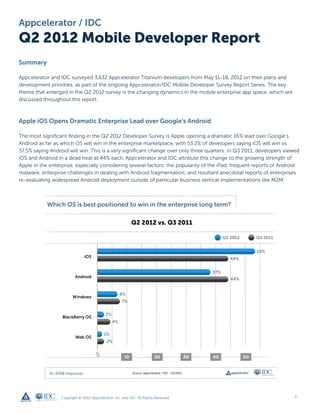 Appcelerator / IDC
Q2 2012 Mobile Developer Report
Summary

Appcelerator and IDC surveyed 3,632 Appcelerator Titanium developers from May 11-18, 2012 on their plans and
development priorities, as part of the ongoing Appcelerator/IDC Mobile Developer Survey Report Series. The key
theme that emerged in the Q2 2012 survey is the changing dynamics in the mobile enterprise app space, which are
discussed throughout this report.



Apple iOS Opens Dramatic Enterprise Lead over Google’s Android

The most significant finding in the Q2 2012 Developer Survey is Apple opening a dramatic 16% lead over Google’s
Android as far as which OS will win in the enterprise marketplace, with 53.2% of developers saying iOS will win vs.
37.5% saying Android will win. This is a very significant change over only three quarters: in Q3 2011, developers viewed
iOS and Android in a dead heat at 44% each. Appcelerator and IDC attribute this change to the growing strength of
Apple in the enterprise, especially considering several factors: the popularity of the iPad; frequent reports of Android
malware; enterprise challenges in dealing with Android fragmentation; and resultant anecdotal reports of enterprises
re-evaluating widespread Android deployment outside of particular business vertical implementations like M2M.




                  Copyright © 2012 Appcelerator, Inc. and IDC. All Rights Reserved.                                   1
 