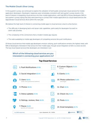 The Mobile Cloud’s Silver Lining

In this quarter’s survey, we continued to explore the utilization of both public and private cloud services for mobile
application developers. Developers’ responses were remarkably consistent with last quarter’s survey results in the
level of interest in integrating cloud services into their mobile applications, with fully 83% of those developers (84% in
last quarter’s survey) saying that they were planning to connect their mobile applications to cloud-based services like
Appcelerator Cloud Services (ACS) within the next year.

We believe this high level of interest in connecting mobile apps to cloud services is due to a few factors:

     • The difficulty in developing back-end server-side capabilities, particularly for developers focused on
       client-side activities

     • The complexity of the connections that a modern mobile app requires

     • The wide availability to mobile app developers of compelling services like push notifications

Of those cloud services that mobile app developers envision utilizing, push notifications remains the highest rated, with
68% of developers interested in that service for their mobile apps, though social integration at 61% is a close second.
The top cloud-based services that developers are interested in are:




 8                                                 Copyright © 2012 Appcelerator, Inc. and IDC. All Rights Reserved.
 