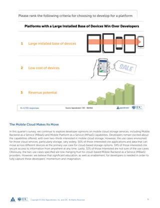 The Mobile Cloud Makes Its Move

In this quarter’s survey, we continue to explore developer opinions on mobile cloud storage services, including Mobile
Backend as a Service (MBaaS) and Mobile Platform as a Service (MPaaS) capabilities. Developers remain excited about
the capabilities offered, with over two-thirds interested in mobile cloud storage. However, the use cases envisioned
for those cloud services, particularly storage, vary widely. 50% of those interested cite applications and data that can
move across different devices as the primary use case for cloud-based storage options. 34% of those interested cite
secure access to information from anywhere at any time. Lastly, 32% of those interested are not sure of the use cases.
Obviously, the two use cases specified are low-hanging fruit for cloud-based Mobile Backend as a Service (MBaaS)
providers. However, we believe that significant education, as well as enablement, for developers is needed in order to
fully capture these developers’ momentum and imagination.




                  Copyright © 2012 Appcelerator, Inc. and IDC. All Rights Reserved.                                   9
 