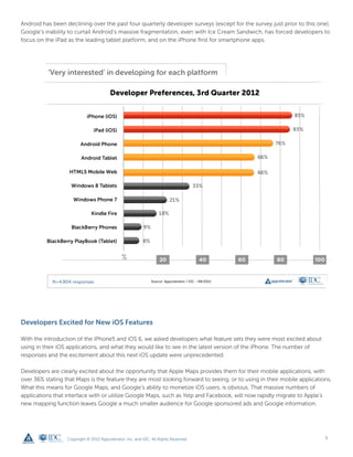 Android has been declining over the past four quarterly developer surveys (except for the survey just prior to this one).
Google’s inability to curtail Android’s massive fragmentation, even with Ice Cream Sandwich, has forced developers to
focus on the iPad as the leading tablet platform, and on the iPhone first for smartphone apps.




Developers Excited for New iOS Features

With the introduction of the iPhone5 and iOS 6, we asked developers what feature sets they were most excited about
using in their iOS applications, and what they would like to see in the latest version of the iPhone. The number of
responses and the excitement about this next iOS update were unprecedented.

Developers are clearly excited about the opportunity that Apple Maps provides them for their mobile applications, with
over 36% stating that Maps is the feature they are most looking forward to seeing, or to using in their mobile applications.
What this means for Google Maps, and Google’s ability to monetize iOS users, is obvious. That massive numbers of
applications that interface with or utilize Google Maps, such as Yelp and Facebook, will now rapidly migrate to Apple’s
new mapping function leaves Google a much smaller audience for Google sponsored ads and Google information.




                  Copyright © 2012 Appcelerator, Inc. and IDC. All Rights Reserved.                                      5
 