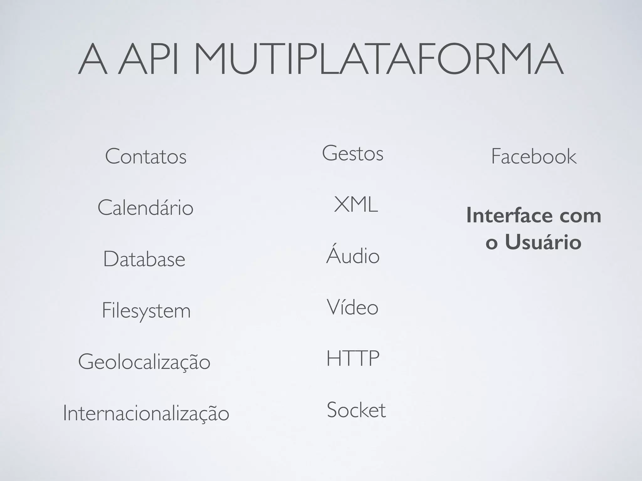 A API MUTIPLATAFORMA
Calendário
Contatos
Database
Facebook
Filesystem
Geolocalização
Gestos
Áudio
Vídeo
HTTP
Socket
XML
Internacionalização
Interface com
o Usuário
 