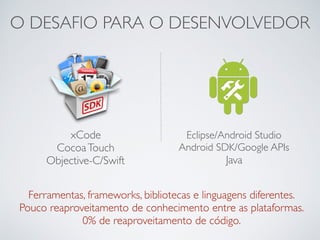 O DESAFIO PARA O DESENVOLVEDOR
xCode
CocoaTouch
Objective-C/Swift
Eclipse/Android Studio
Android SDK/Google APIs
Java
Ferramentas, frameworks, bibliotecas e linguagens diferentes.
Pouco reaproveitamento de conhecimento entre as plataformas.
0% de reaproveitamento de código.
 